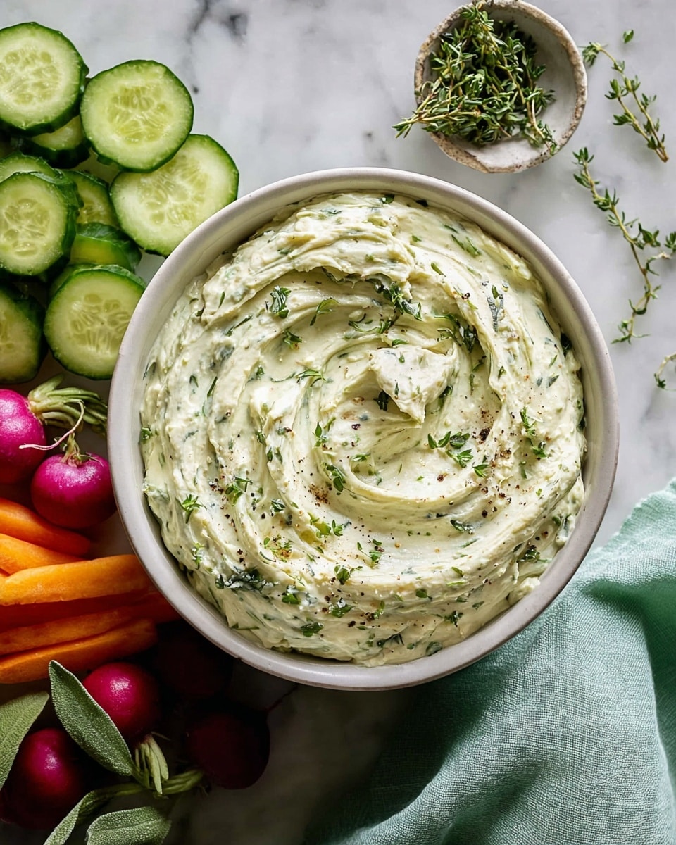 A bowl of creamy white dip with green herb pieces mixed in, swirled in a circular pattern with a smooth yet slightly textured surface inside a white bowl placed on a white marbled texture. Around the bowl on the surface are sliced green cucumbers, bright orange carrot sticks, and whole red radishes alongside fresh green herbs. A small dish of green herbs and a light blue cloth napkin are also near the bowl. photo taken with an iphone --ar 4:5 --v 7