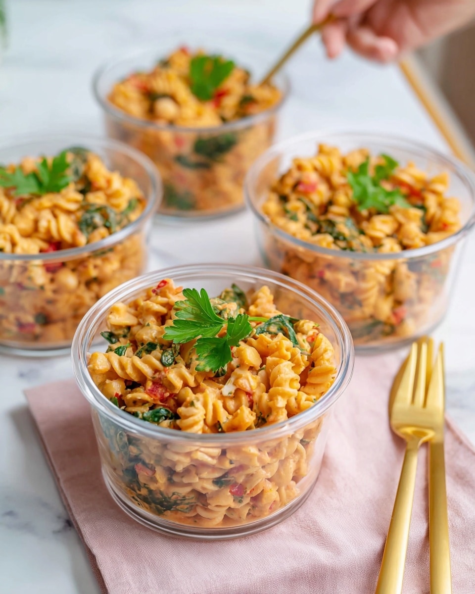 Four clear round glass bowls filled with a creamy pasta salad. Each bowl shows layers of spiral pasta mixed with chickpeas, spinach, and small pieces of red and yellow bell peppers. The pasta appears coated in a thick, orange sauce. The bowl in the front center has a single green parsley leaf on top as garnish. A gold fork rests on a light pink cloth napkin next to the closest bowl. In the background, a woman’s hand is seen holding another gold fork. The whole scene is set on a white marbled surface. photo taken with an iphone --ar 4:5 --v 7