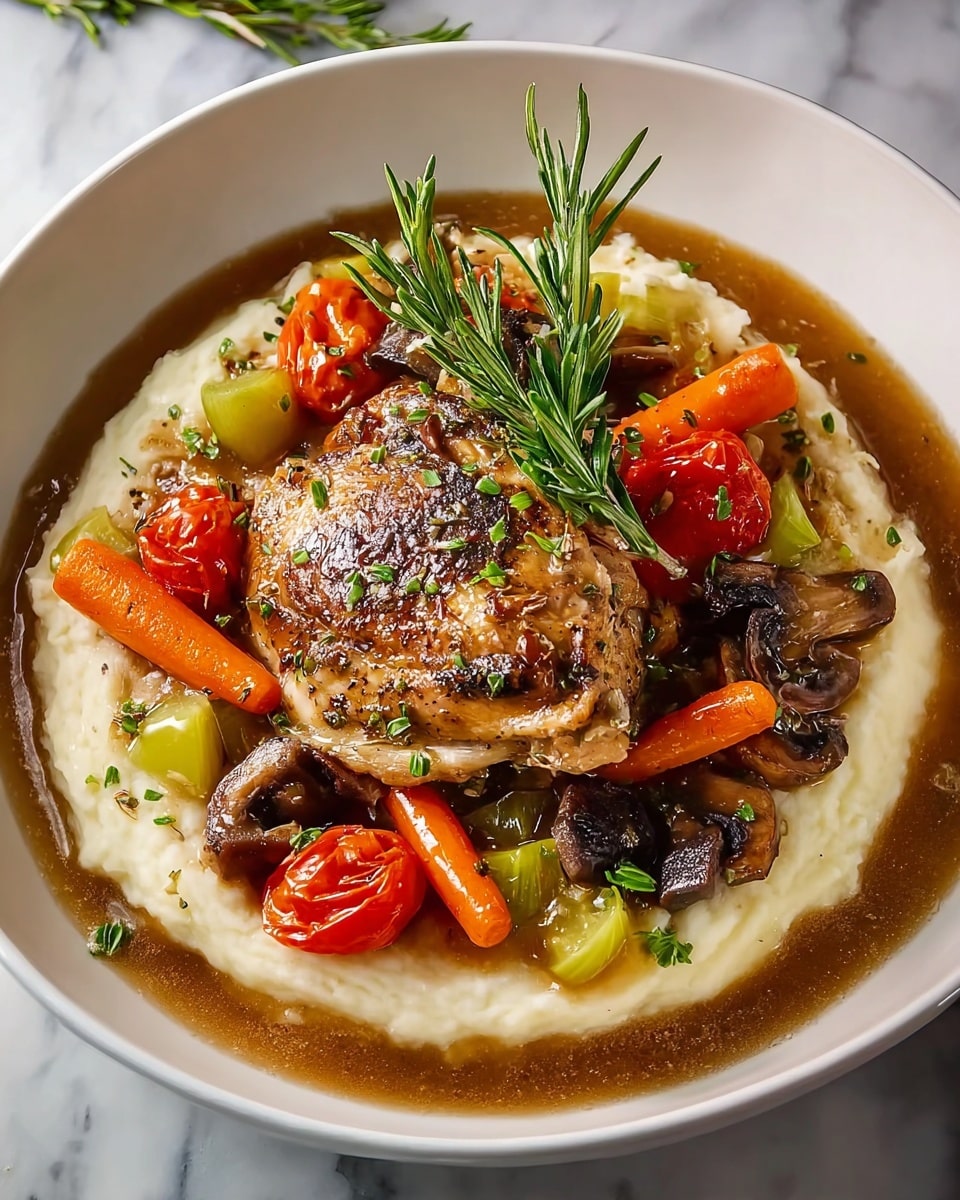 The dish is served in a white bowl on a white marbled surface, showing three main layers. The bottom layer is creamy mashed potatoes, smooth and pale yellow in color, covering the whole base of the bowl. On top of that rests a layer of tender shredded chicken, light brown with some darker browned edges. The final layer is a hearty vegetable stew made of sliced brown mushrooms, bright orange carrot chunks, light green celery pieces, and translucent cooked onions, all soaked in a rich brown broth with small green herb sprinkles. A fresh green rosemary sprig rests on top as a garnish. The dish is sprinkled lightly with black pepper and fresh green herbs. Photo taken with an iphone --ar 4:5 --v 7