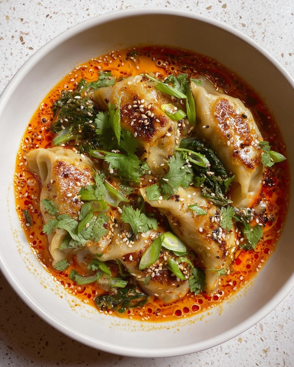 A white bowl filled with five pan-fried dumplings, lightly browned on top, sitting in a rich, orange-red spicy broth with oil droplets. The broth has a creamy texture with some bubbles, scattered with fresh green herbs like cilantro and sliced green onions on top. There are some leafy greens mixed in the broth around the dumplings, and a few white sesame seeds sprinkled over the dumplings and soup. The bowl is placed on a white marbled textured surface. photo taken with an iphone --ar 4:5 --v 7