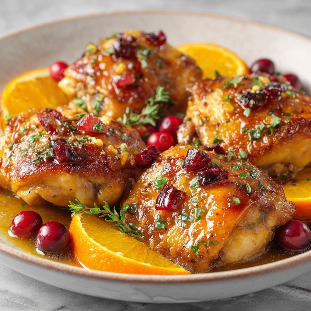 The image shows a close-up of four golden-brown cooked chicken pieces, each with a slightly crispy texture and a glossy sauce coating. Scattered on and around the chicken are small chopped red cranberries and fresh green herb bits. Between and under the chicken pieces are bright orange circular slices of orange. There are also whole red cranberries placed around the dish. The food sits on a white marbled surface that contrasts with the warm colors of the dish. The overall look is vibrant and fresh, with a mix of shiny, juicy, and textured elements. Photo taken with an iphone --ar 4:5 --v 7