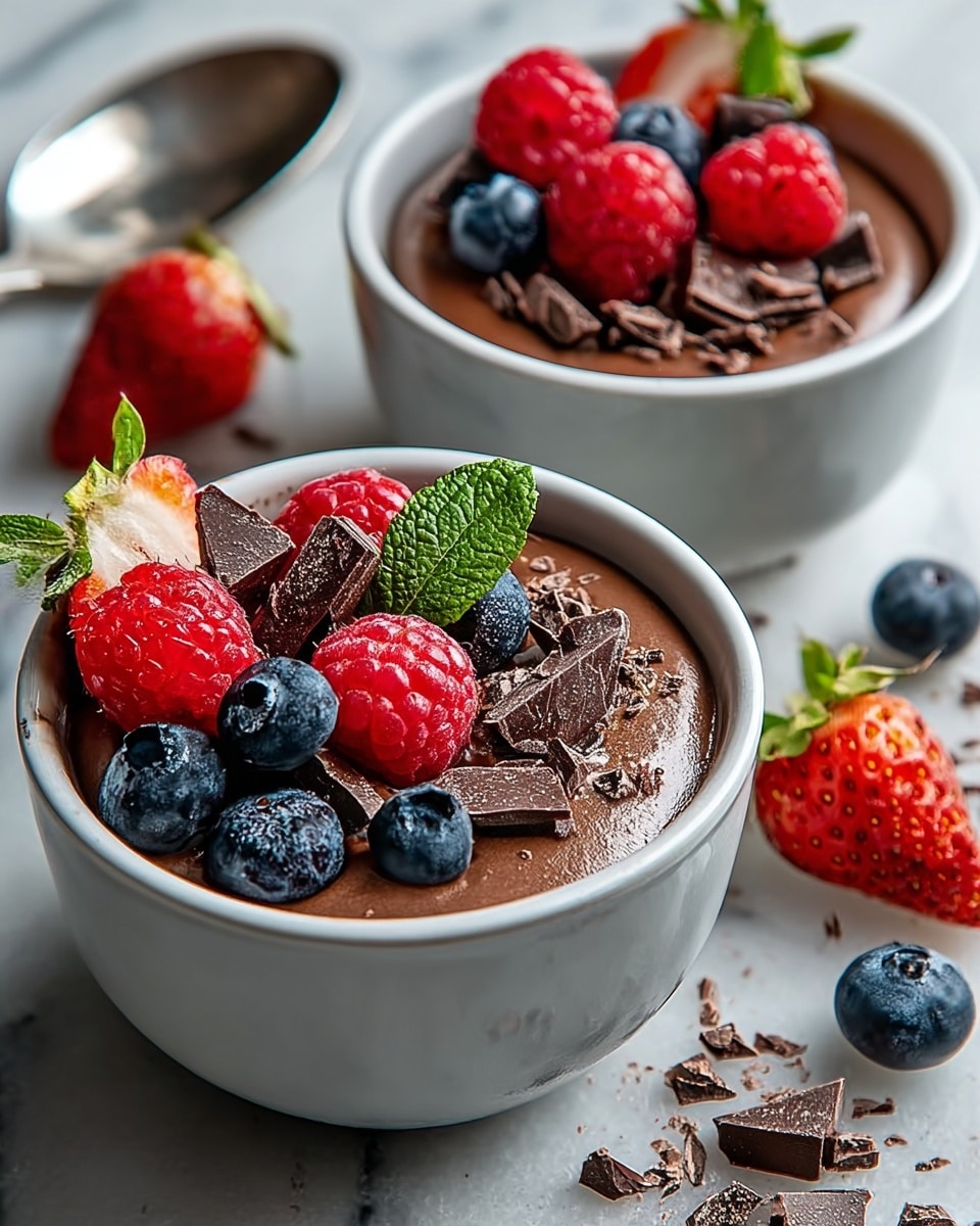 A black bowl filled with smooth, creamy chocolate mousse as the base layer, topped with three red raspberries, two bright red halved strawberries, clusters of dark chocolate chips scattered on one side, and crunchy brown walnut pieces arranged on another side, with a fresh green mint leaf placed near the strawberries, all resting on a white marbled surface with a silver spoon inside the bowl. photo taken with an iphone --ar 4:5 --v 7