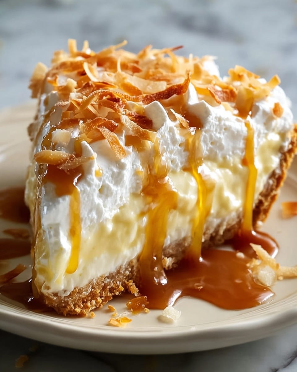 A close-up image of a three-layer slice of pie on a white plate set on a white marbled surface. The bottom layer is a golden-brown crumbly crust with a slightly rough texture. The middle layer is a thick, creamy, pale yellow filling that looks smooth and soft. The top layer is a white, fluffy whipped cream spread unevenly, adorned with toasted coconut flakes that are golden and lightly browned, adding a crunchy texture. Golden caramel sauce is drizzled over the whipped cream and sides, pooling slightly at the base of the slice, giving the pie a glossy, rich appearance. photo taken with an iphone --ar 4:5 --v 7