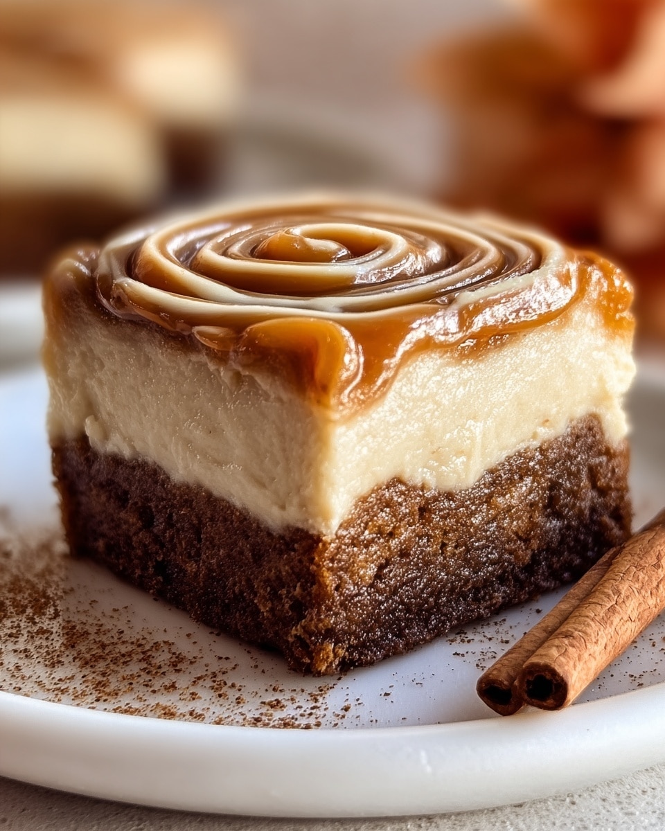 A close-up view of a square cake piece with three clear layers on a white plate resting on a white marbled surface; the bottom layer is a dark brown moist cake with a rich, slightly crumbly texture; the middle layer is a creamy, light beige smooth frosting, thick and even; the top layer features a glossy caramel-colored spiral drizzle, sprinkled lightly with cinnamon powder, adding texture and warmth to the presentation; beside the plate lies a cinnamon stick, complementing the cake’s spices; the background is softly blurred with warm tones, emphasizing the cake’s details. photo taken with an iphone --ar 4:5 --v 7