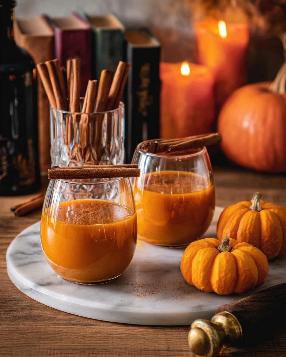 Two round glasses filled halfway with thick orange pumpkin drink are placed on a white marbled round board; each glass has a cinnamon stick resting on its rim. Behind the glasses, a clear cup holds multiple cinnamon sticks standing upright. To the right, three small bright orange pumpkins sit on the white marbled board. The background is warm-toned with two lit orange candles, a dark bottle, and some books standing. A wooden-handled tool with a brass end lies on the wooden table next to the board. photo taken with an iphone --ar 4:5 --v 7