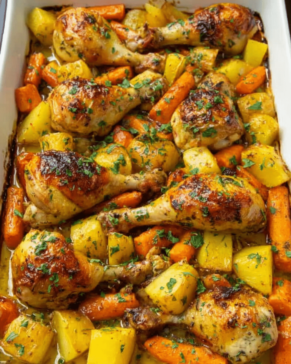 The image shows a baking tray filled with roasted chicken drumsticks and chunky vegetable pieces. The chicken is golden brown with crispy skin, placed on top and scattered across the tray. The vegetables include bright orange carrots, yellow potatoes, and light orange sweet potatoes, all roasted with slightly browned edges. Fresh green herbs are sprinkled on top, adding a pop of color. The tray sits on a white marbled surface, and the overall look is warm and inviting with a mix of rough and smooth textures. Photo taken with an iphone --ar 4:5 --v 7