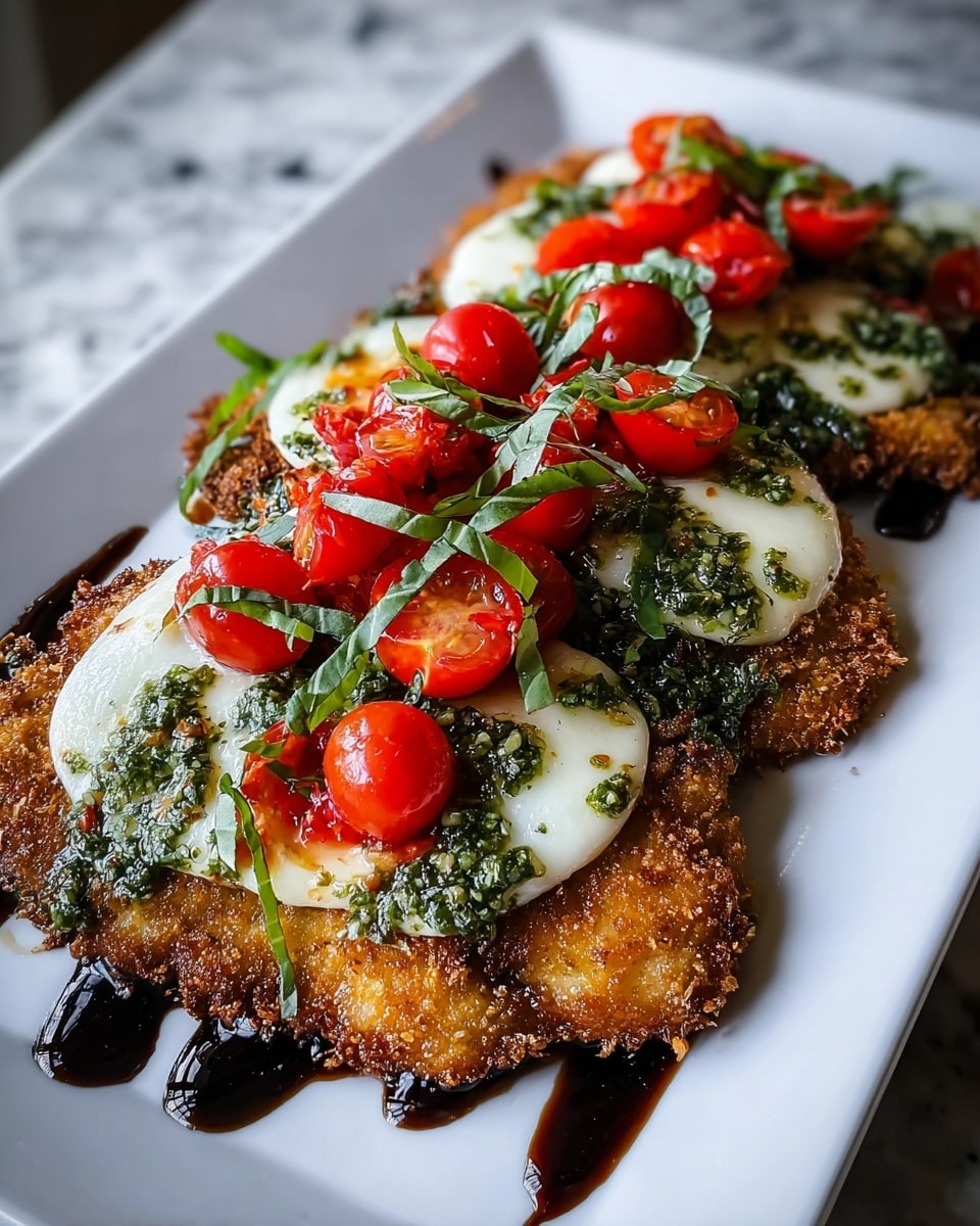 A white rectangular plate holds a golden brown, crispy fried cutlet as the base layer, topped with several melted white cheese rounds scattered evenly across its surface. Over the cheese, a bright green herb sauce is drizzled, adding texture and color contrast. The top layer is a generous heap of vibrant red cherry tomato halves mixed with finely chopped fresh green basil leaves. Around the edges and beneath the cutlet, a glossy dark balsamic glaze is lightly spread on the plate, creating a rich border. The plate is set against a white marbled surface. photo taken with an iphone --ar 4:5 --v 7