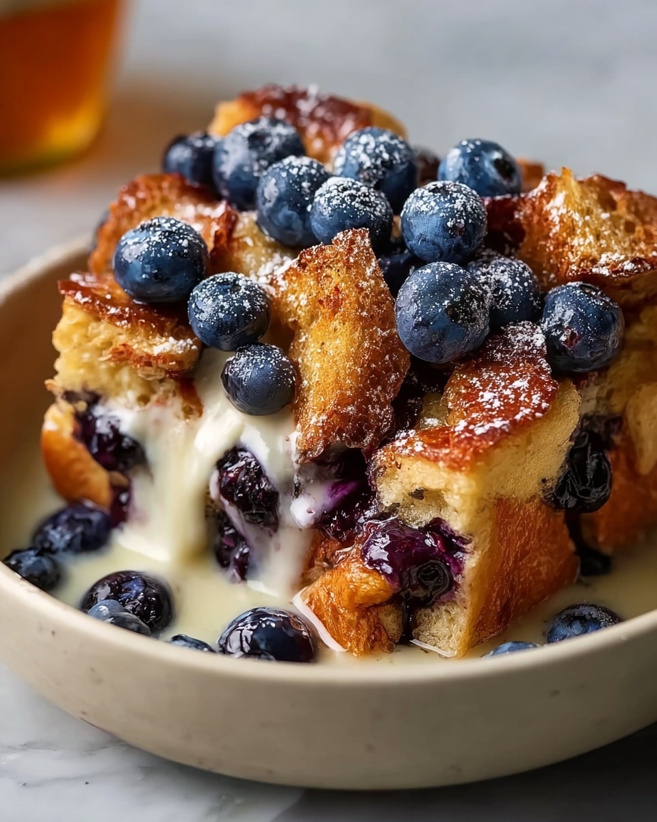 The image shows a dish of baked bread pudding with blueberries in a white oval ceramic dish. The bottom layer consists of golden-brown, toasted bread chunks closely packed together. On top of the bread pieces, there is a creamy, white custard soaked throughout. Plump, fresh blueberries are scattered across the surface, adding a deep blue and purple color contrast with a slight sheen. The bread edges have a shiny glaze, giving them a crispy texture. The dish is placed on a white marbled surface with a soft, warm light highlighting the food’s texture and color. Photo taken with an iphone --ar 4:5 --v 7