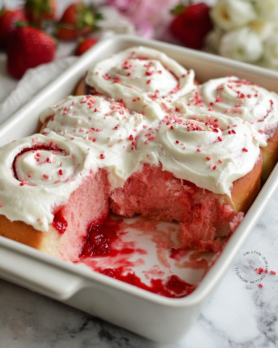 The image shows a white rectangular baking dish with three pink cinnamon rolls inside, topped with a thick layer of white cream cheese frosting that is spread unevenly across the rolls. The frosting has small red sprinkles scattered on top, adding a pop of color. One roll is partially eaten, revealing a soft and fluffy pink interior. There are some smears of red jam or fruit sauce on the bottom of the dish, and the whole scene is set on a white marbled surface with some blurred strawberries and flowers in the background. Photo taken with an iphone --ar 4:5 --v 7