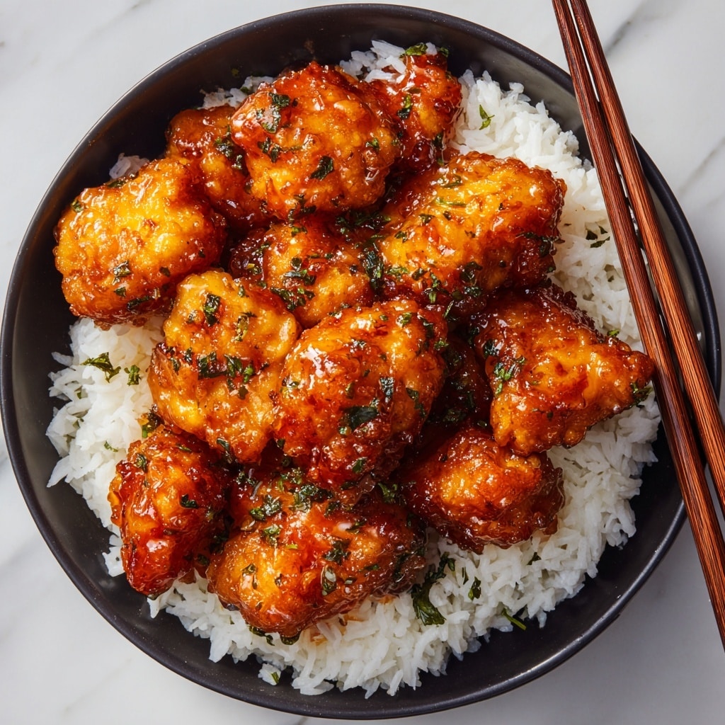 A close-up of six pieces of golden-brown fried chicken coated in a shiny, sticky orange glaze with small green herb bits on top, placed in the center of a bed of white, fluffy rice. The rice forms the bottom layer, filling a black bowl, while the glazed chicken pieces create a second thick layer on top, drawing all attention. Light brown wooden chopsticks rest on the edge of the bowl at the top right, crossing each other slightly. The bowl sits on a white marbled surface. photo taken with an iphone --ar 4:5 --v 7