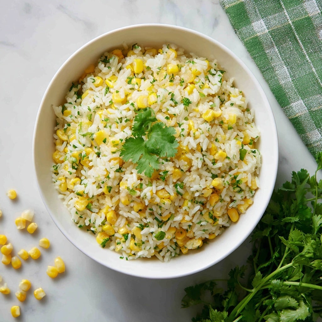 A white bowl filled with cooked rice mixed with small yellow corn pieces and finely chopped green herbs, creating a light yellow and green speckled texture throughout. On top, a single green cilantro leaf sits as garnish. The bowl is placed on a white marbled surface with small corn pieces scattered around, and a bunch of fresh green cilantro sits to the right. A green and white checkered cloth is partly visible in the top right corner. photo taken with an iphone --ar 4:5 --v 7