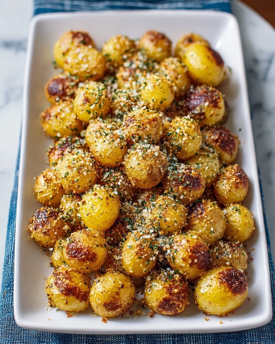 A white rectangular plate filled with a pile of small round roasted baby potatoes, each potato golden yellow with crispy, browned, and slightly charred skin. The potatoes are coated with a mix of fine breadcrumbs and green herb flakes, giving a textured and speckled look across the whole dish. Light sprinklings of white powdered cheese or seasoning add small contrast dots on top. The plate is set on a blue and white striped cloth, all placed on a white marbled surface. photo taken with an iphone --ar 4:5 --v 7