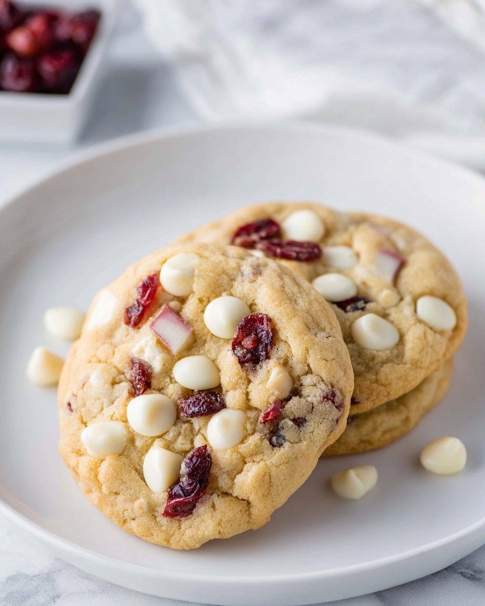 Two soft cookies rest on a white plate set on a white marbled texture. Each cookie has a light golden-brown base with visible cracks and is studded with bright white chocolate chips and deep red dried cranberries scattered unevenly on the top and throughout. The cookies look thick with a soft, slightly crumbly texture. Photo taken with an iphone --ar 4:5 --v 7