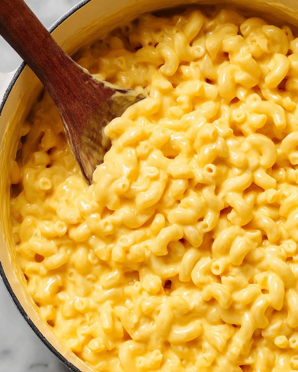 The image shows a close-up of creamy macaroni and cheese with elbow-shaped pasta coated in a smooth, bright yellow cheese sauce. The dish is in a white pot, with a wooden spoon partially submerged on the left, lifting some of the cheesy pasta. The texture looks thick and glossy, and the macaroni pieces are densely packed and layered evenly in the pot. The background is a white marbled texture. photo taken with an iphone --ar 4:5 --v 7