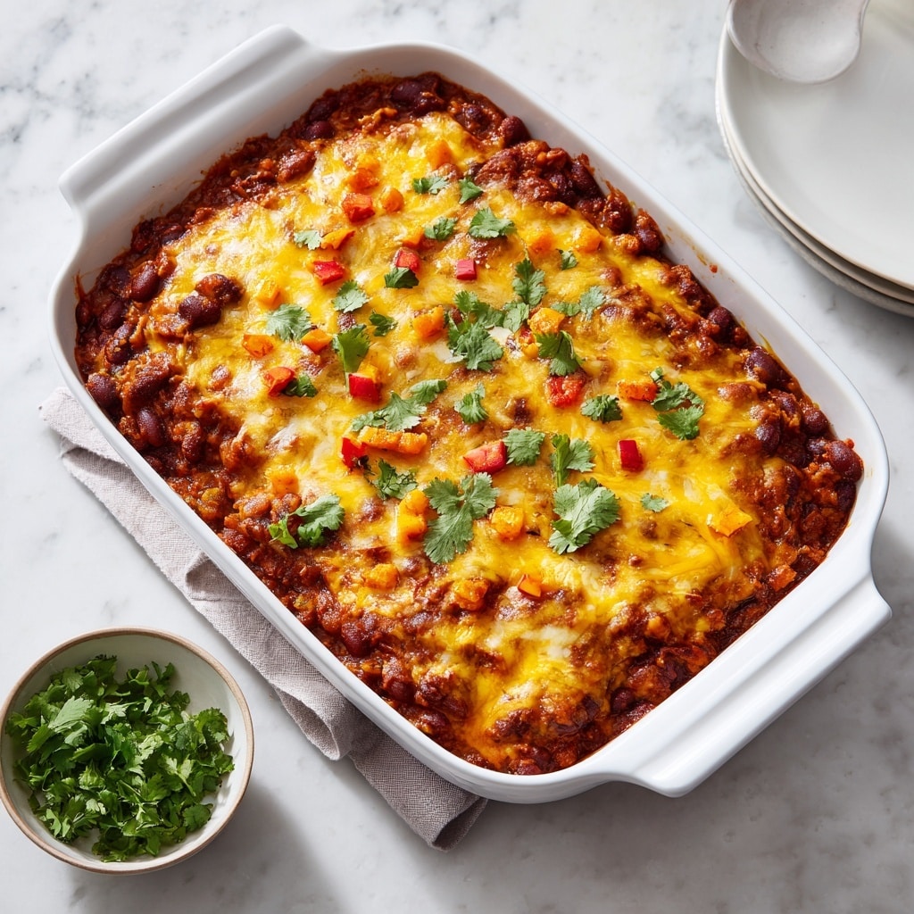A baked casserole in a white rectangular dish with one handle visible at the top and bottom, showing a colorful layered surface; the base layer appears rich with a dark mix of beans and sauce, topped with a thick layer of melted yellow and white cheddar cheese scattered unevenly, garnished with small red and orange bell pepper pieces and fresh green cilantro leaves, all sitting on a white marbled surface with a small white bowl of cilantro to the side and a white plate partially shown on the right; the dish looks hearty and slightly bubbly from baking. photo taken with an iphone --ar 4:5 --v 7