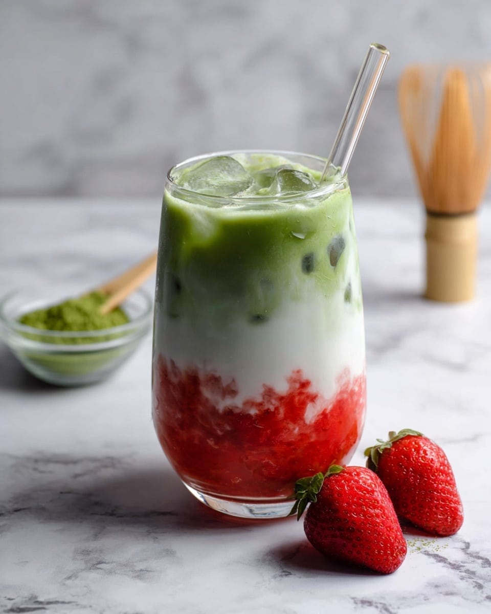 A tall clear glass filled with a layered iced drink showing three distinct layers: the bottom layer is a thin reddish-brown, the middle layer is a thick bright green with small dark green ice cubes floating within it, and the top layer is a light frothy green foam with ice cubes scattered on the surface; a clear glass straw is inserted on the right side of the glass, all placed on a white marbled surface with two fresh red strawberry halves blurred in the background to the left and a small glass bowl containing green powder on the right; the overall look is fresh and colorful. photo taken with an iphone --ar 4:5 --v 7