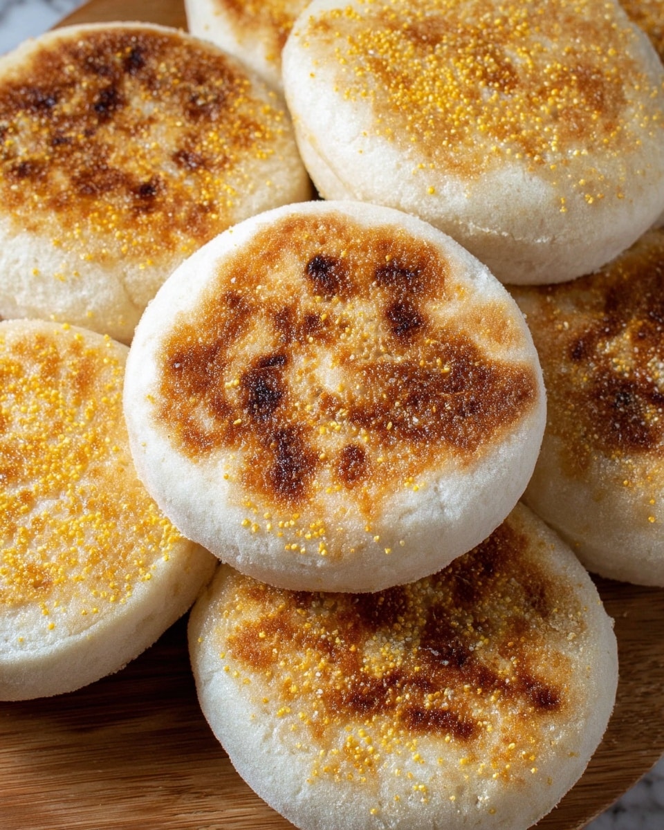 Several round English muffins are stacked closely together on a wooden surface, each with two visible layers: a golden-brown toasted top layer with a slightly rough texture and sprinkled with cornmeal, and a bottom layer that is pale beige and soft-looking with smooth edges. The toasted tops have uneven spots of deeper browning and light golden-yellow grains that add texture. The arrangement shows overlapping muffins, some slightly raised on others, all with a thick, fluffy appearance. Photo taken with an iphone --ar 4:5 --v 7