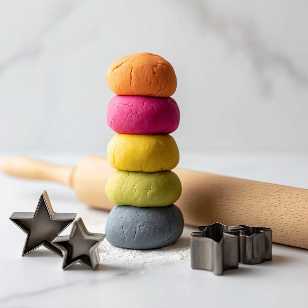The image shows a stack of five smooth play dough balls in a vertical pile on a white marbled surface. From top to bottom, the layers are bright orange, deep pink, light green, vibrant yellow, and pale grayish blue. To the right, there are three dark gray star-shaped cookie cutters and a light wooden rolling pin with a simple design laying horizontally. The background is a clean white marbled texture with black text listing the play dough recipe in a script font on the right side of the image. photo taken with an iphone --ar 4:5 --v 7