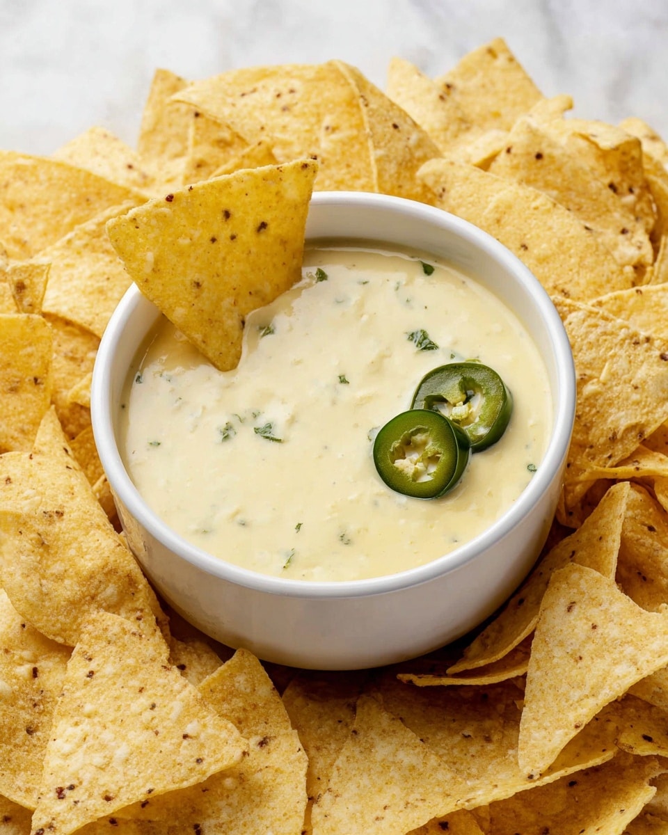 A white bowl with two handles holds a creamy, thick light yellow cheese dip with a smooth texture. Two yellow corn tortilla chips are dipped into the cheese, leaning into the bowl from the right side, while two green jalapeño slices rest on top of the dip near the chips. The bowl is surrounded by many yellow tortilla chips sprinkled with small black spots, all resting on a white marbled surface. photo taken with an iphone --ar 4:5 --v 7