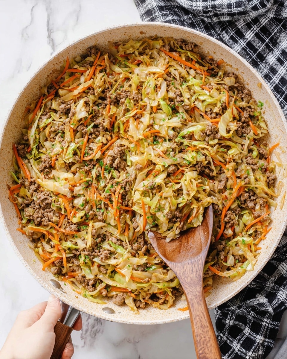 A large round light-colored pan filled with a cooked mix of ground meat, shredded light green cabbage, and thin orange carrot strips. The mixture looks well stirred and slightly moist with visible small green herb pieces. A wooden spoon is lifting a portion of the food, showing dense layers of finely chopped ingredients mixed together. A woman's hand holds the pan on the side, with a black and white checkered cloth underneath. The background is a white marbled surface. photo taken with an iphone --ar 4:5 --v 7