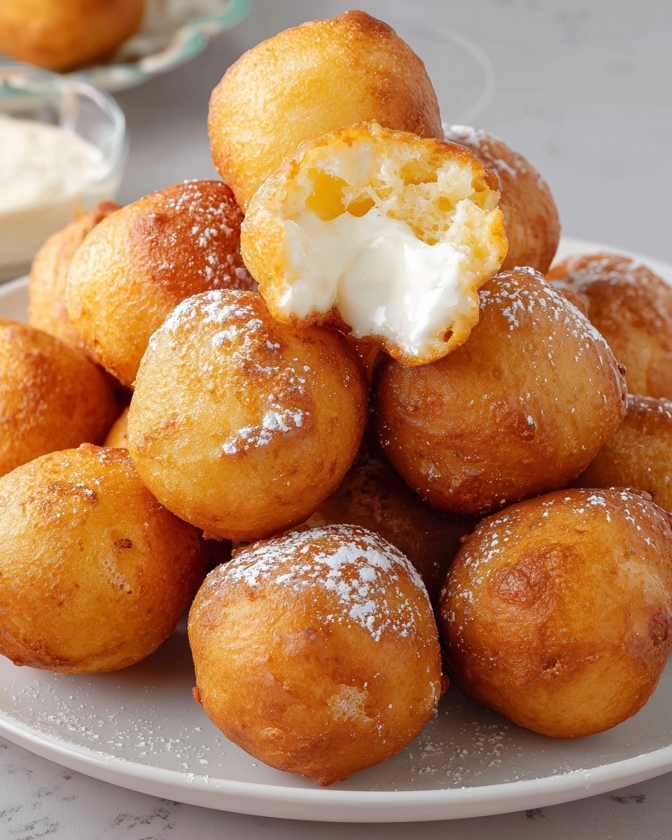 A pile of round, golden-brown fried balls sits on a white plate. Each ball has a crisp outer texture with a slightly oily shine, and one ball on top is broken open to show a soft, white, creamy filling inside. Some balls have a light dusting of powdered sugar on their surface, adding a slight sparkle. The white marbled texture forms the background around the plate. photo taken with an iphone --ar 4:5 --v 7