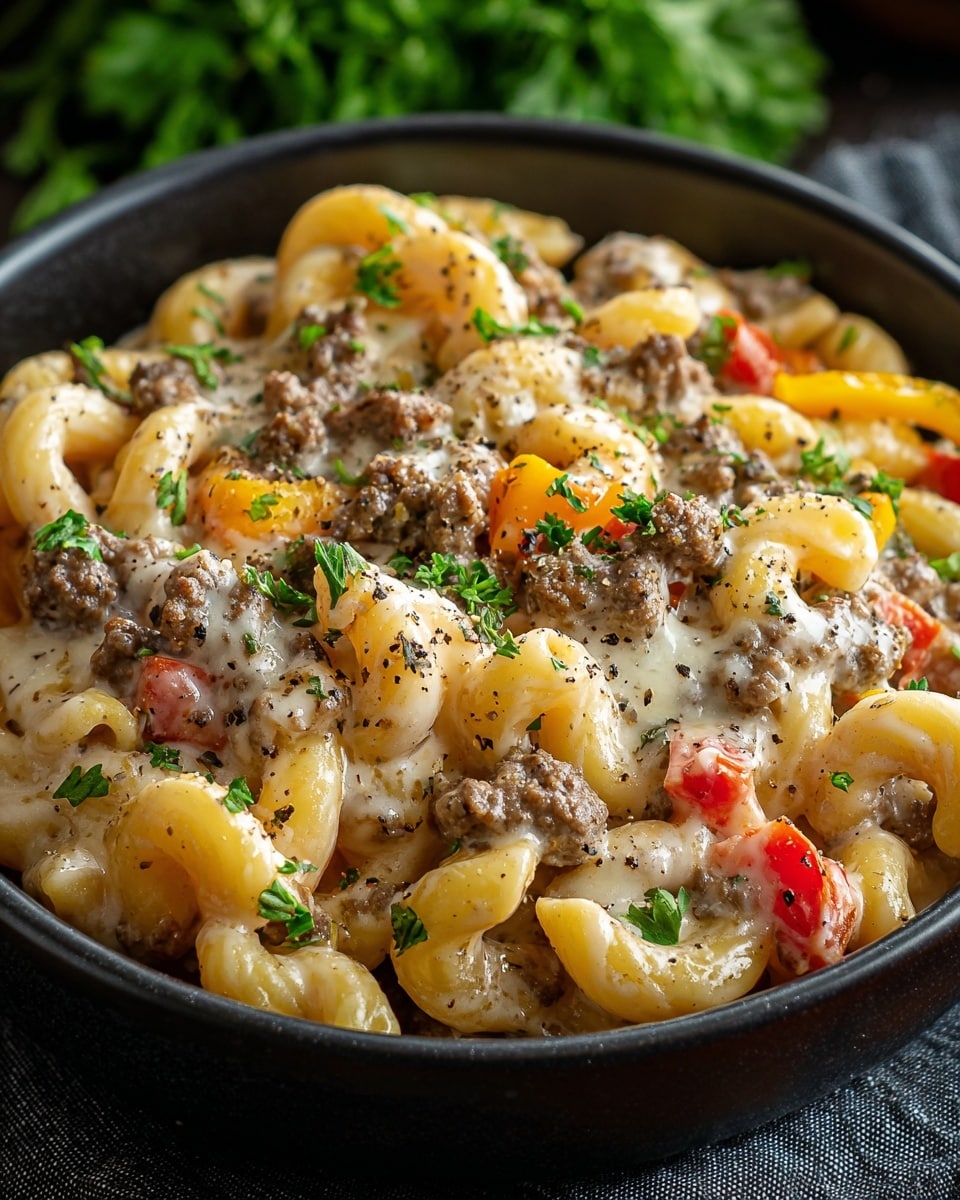 A bowl of creamy macaroni pasta with three main layers: at the bottom, elbow-shaped pasta in a pale creamy yellow color; the middle layer has small pieces of brown ground beef mixed with small red and orange bell pepper slices; the top layer is melted white cheese that is thick and gooey with a mottled texture of black pepper sprinkled on it, garnished with bright green parsley leaves. The food is in a black bowl sitting on a white marbled surface. The photo taken with an iphone --ar 4:5 --v 7