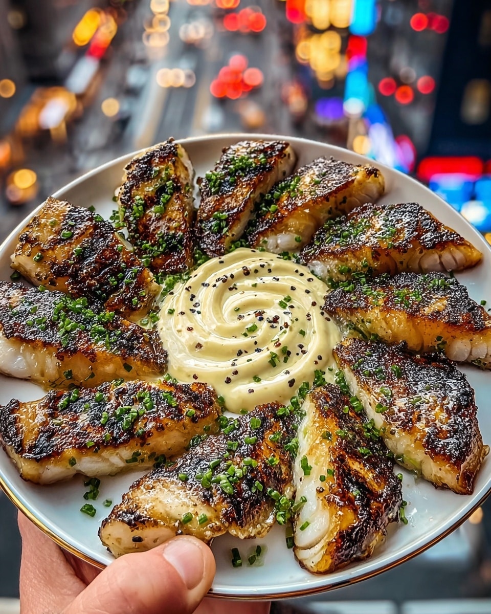 The image shows a round white plate filled with six grilled pieces of fish, each piece having a golden-brown crispy outer layer with some charred spots and sprinkled with finely chopped green herbs. The fish pieces are arranged closely together, with a smooth, creamy light beige sauce topped with chopped green herbs placed in the center of the plate. A woman's hand holds the plate, and the background shows blurred colorful city lights, all set on a white marbled texture. photo taken with an iphone --ar 4:5 --v 7