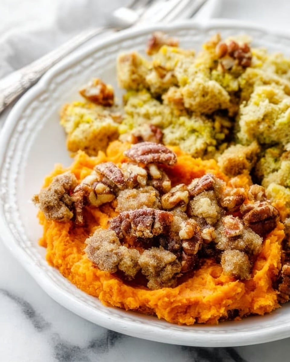 The image shows a white plate with two different scoops of food placed side by side. The first scoop in the front is orange, soft, and creamy, topped with a crumbly brown mixture that has visible pieces of nuts scattered on top. Behind it, there is a second scoop that is light green with a similar crumbly topping, which is slightly darker and also has bits of nuts spread across. The plate sits on a white marbled surface with a blurred background hinting at a meal setting. photo taken with an iphone --ar 4:5 --v 7