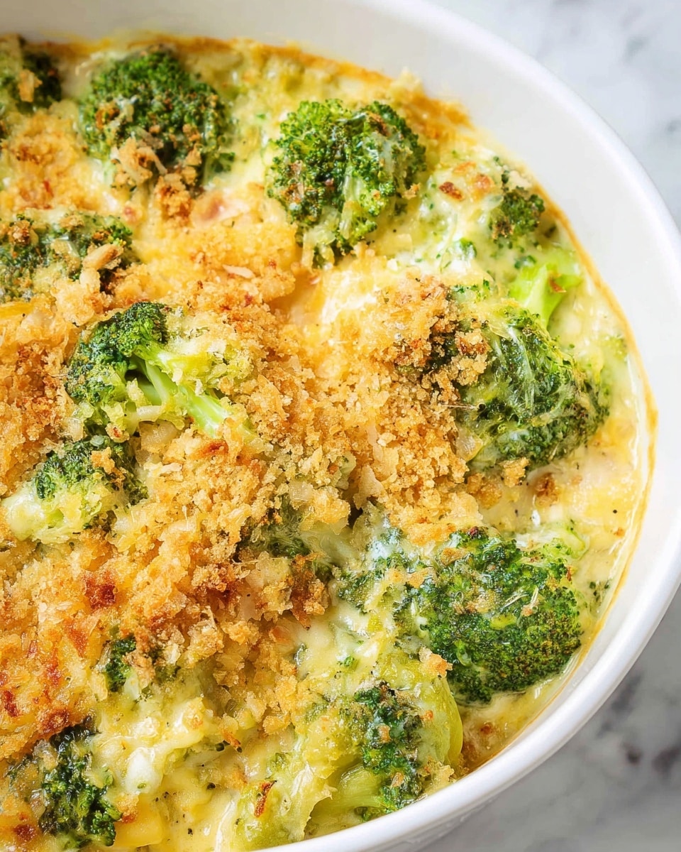 A close-up view of a broccoli casserole in a white ceramic dish on a white marbled surface, showing three main layers: the bottom layer is fresh bright green broccoli florets with firm stalks, covered partially by a thick creamy cheese sauce with a pale yellow color and melted texture, and the top layer is a golden-brown, slightly crispy breadcrumb and cheese crust with small bits of browned cheese scattered unevenly. Photo taken with an iphone --ar 4:5 --v 7