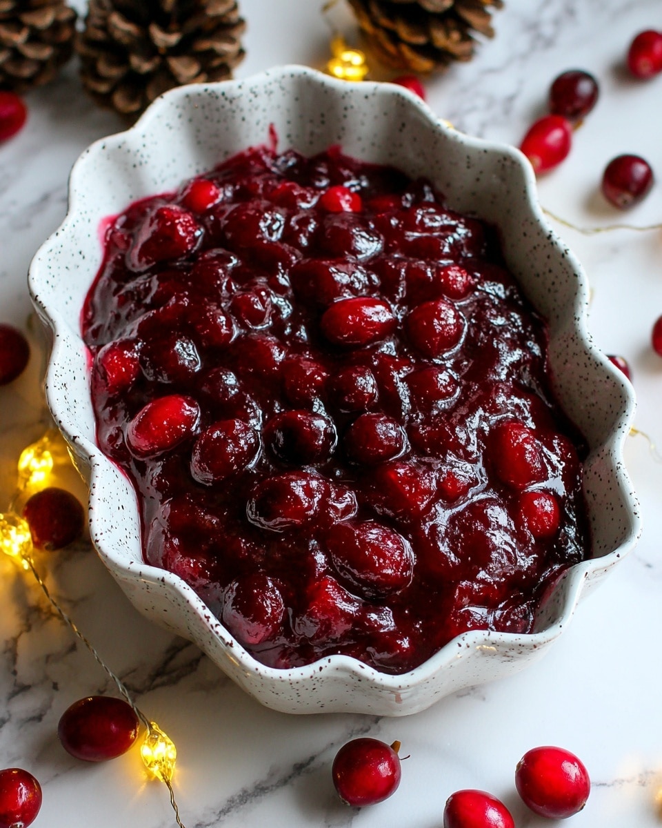 A white, scalloped-edged rectangular dish filled with a thick cranberry sauce showing whole shiny red cranberries mixed with a chunky, deep red sauce. The dish rests on a white marbled surface scattered with whole cranberries, pine cones, and a string of tiny warm yellow fairy lights, giving a festive and cozy feeling. The sauce has a glossy texture that reflects the light softly. photo taken with an iphone --ar 4:5 --v 7