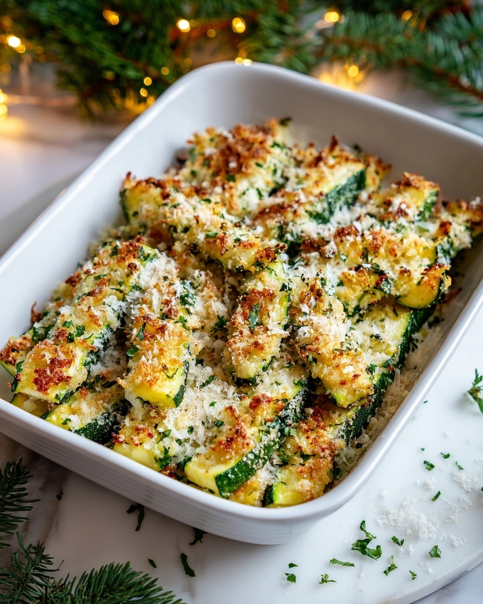 The dish shows a white rectangular baking dish filled with about two layers of zucchini sticks cut lengthwise, topped with a golden-brown crispy cheese crust mixed with green herbs. The zucchini pieces are a mix of bright green skin and yellowish soft parts underneath. Grated white cheese and finely chopped herbs are sprinkled on top and around the dish, adding texture and color contrast. The dish rests on a white marbled surface with more herbs scattered around, and warm soft lights with green pine branches are slightly visible in the background. photo taken with an iphone --ar 4:5 --v 7