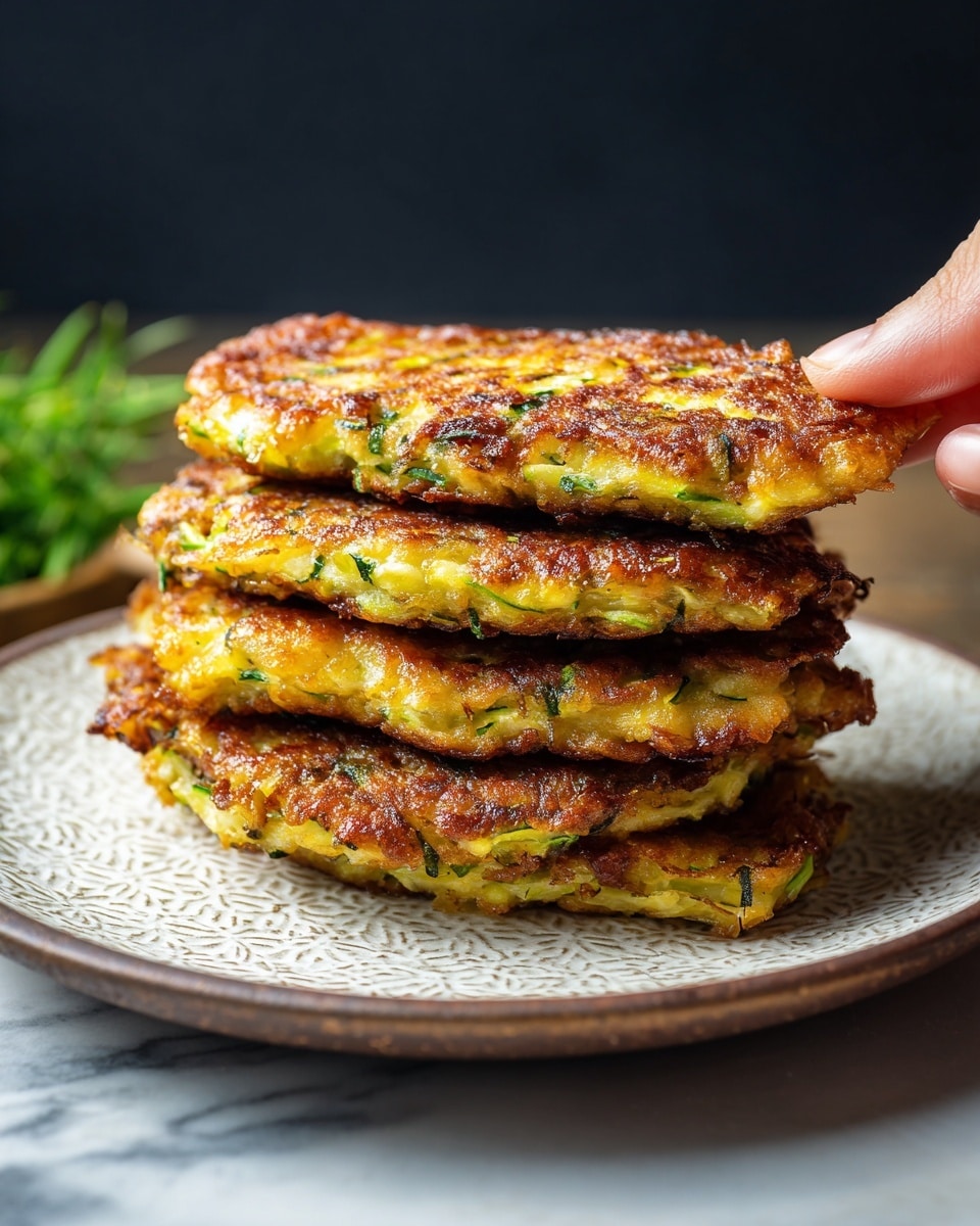 Four golden brown, crispy fritters are stacked on a white plate with a subtle texture, each fritter showing green flecks of zucchini throughout their thick, irregular layers. The top fritter is slightly lifted by a woman's hand at the edge, highlighting the crunchiness and uneven surface. The plate rests on a white marbled texture and a small bunch of green herbs sits behind the plate on the right side. The soft light catches the crisp edges and moist interior of the fritters, creating a warm and inviting look. photo taken with an iphone --ar 4:5 --v 7