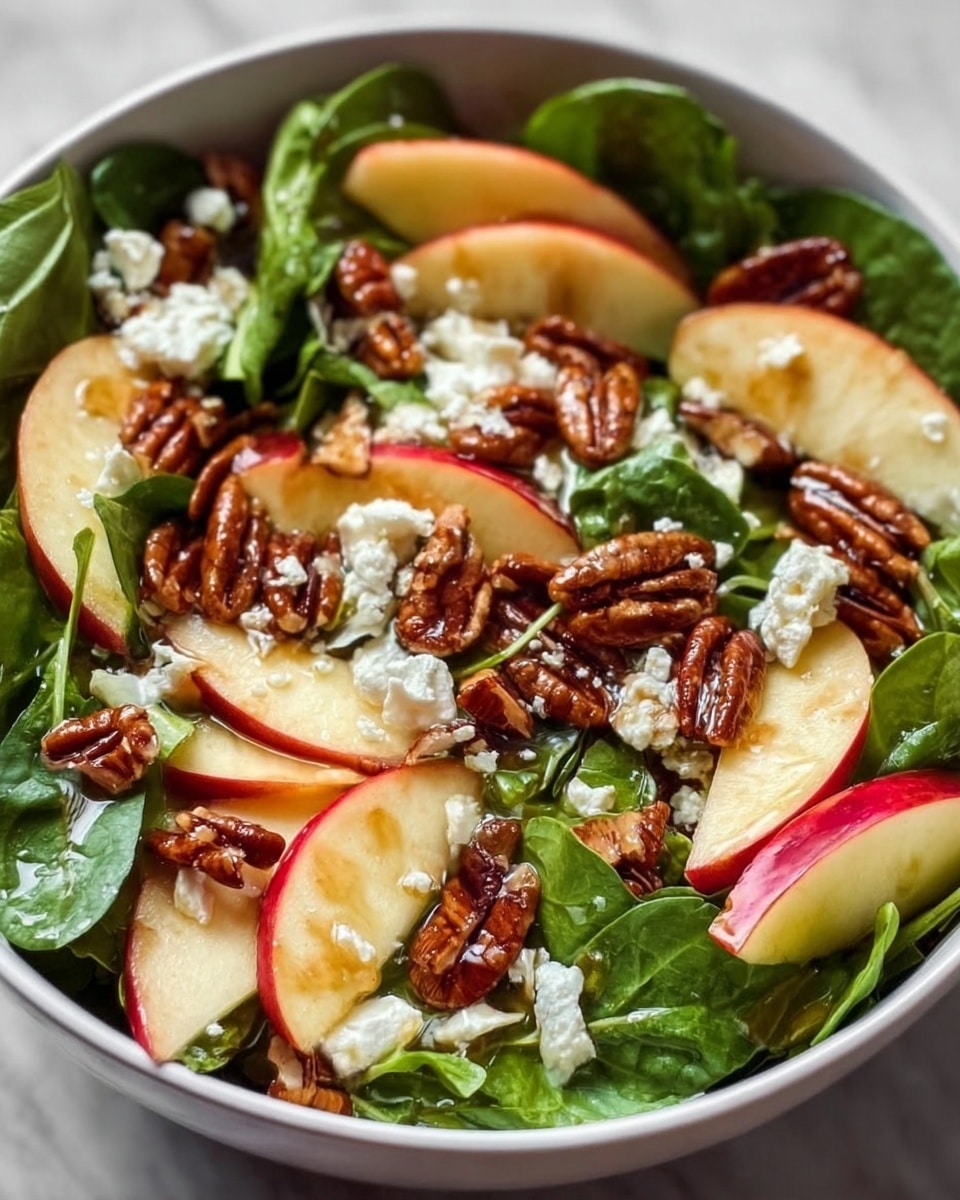 A white bowl filled with a fresh salad showing three main layers: the base is green leafy spinach with a soft texture, layered with thin slices of red-skinned apples that are pale yellow inside, and topped with chunky roasted pecans that are rich brown and slightly shiny, scattered evenly across the salad with white crumbles of goat cheese adding contrast. The salad has a light drizzle of dressing that gives a slight glisten to the ingredients. The bowl sits on a white marbled surface. photo taken with an iphone --ar 4:5 --v 7