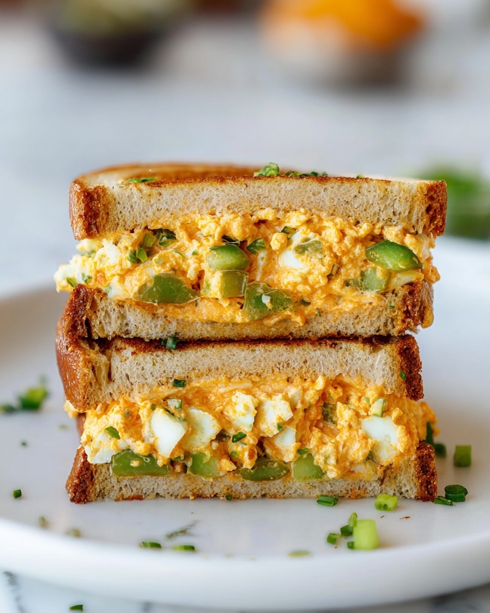 The image shows two thick sandwich halves stacked on top of each other on a white plate with small green herb pieces scattered nearby. The sandwich has three visible layers: a bottom slice of light brown toast with a firm texture, a middle layer of sliced green jalapeños and light green celery, and a top layer of chunky orange spread mixed with white chunks resembling egg and small green herbs. The orange spread is creamy with some browned spots, giving it a slightly crisp look. The top toast slice is similar in color and texture to the bottom slice, and the sandwich is cut cleanly in half to show all the inside layers clearly. The background is a soft white marbled texture with blurred hints of other objects. photo taken with an iphone --ar 4:5 --v 7