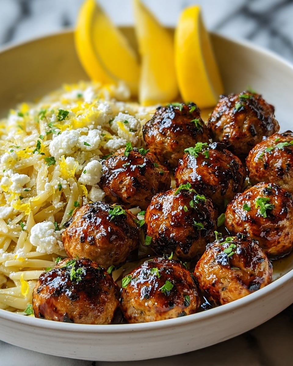 A white bowl filled with a base layer of small, light yellow pasta shaped like short grains, topped with eight golden-brown grilled meatballs that have a slightly crispy texture and are sprinkled with green chopped herbs. Crumbled white cheese is scattered on one side over the pasta, and three lemon wedges with bright yellow skin and juicy interiors are placed beside the cheese. The food is set on a white marbled surface with blurred green leaves in the background. photo taken with an iphone --ar 4:5 --v 7
