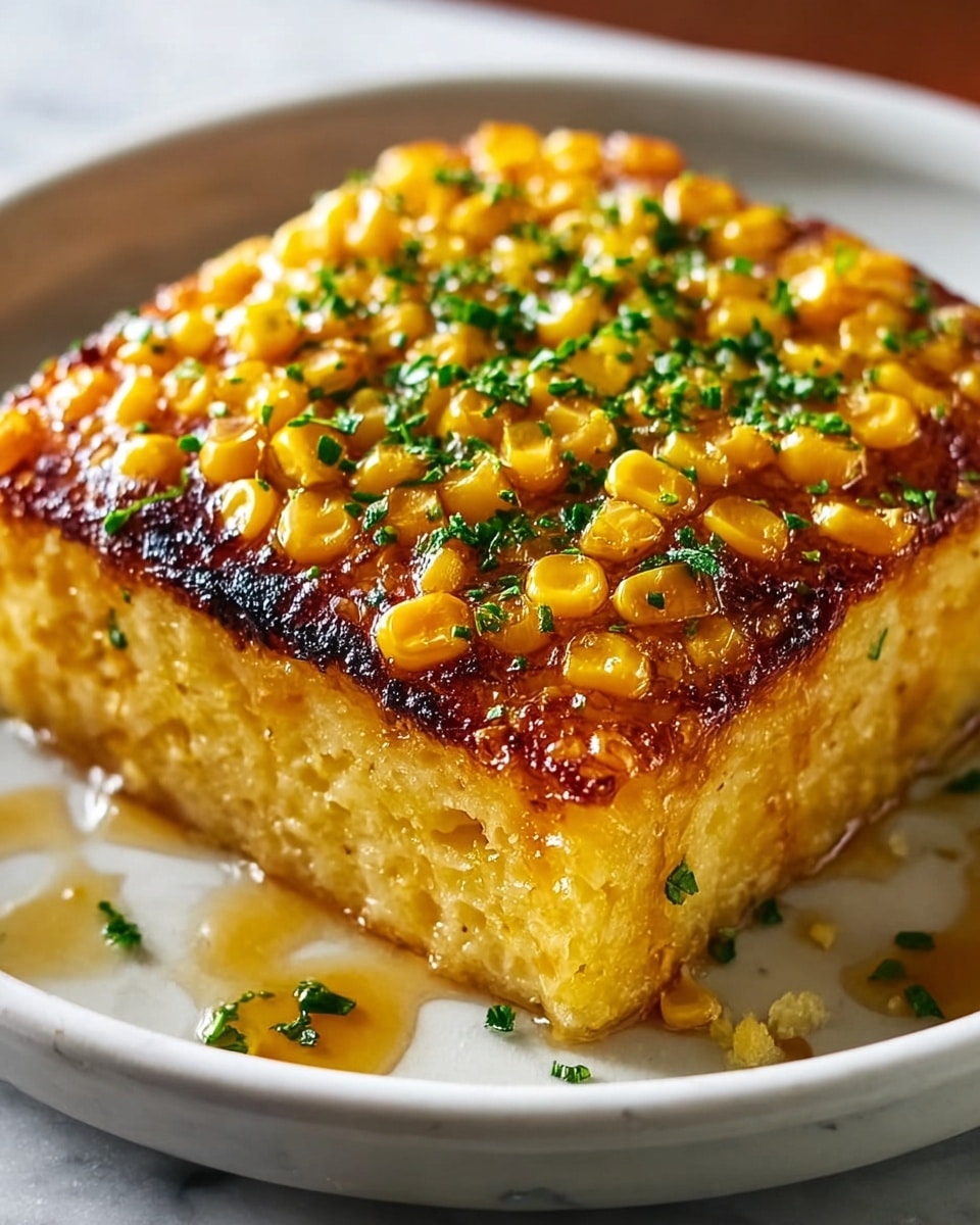 A square piece of golden corn pudding with a slightly crispy and caramelized top layer covered in bright yellow corn kernels and sprinkled with chopped green herbs. The middle layer looks soft and moist, with a creamy yellow texture made of corn. The pudding is served on a white plate with a gentle curve, set on a white marbled surface. Small bits of herbs and drops of syrup can be seen around the pudding. Photo taken with an iphone --ar 4:5 --v 7