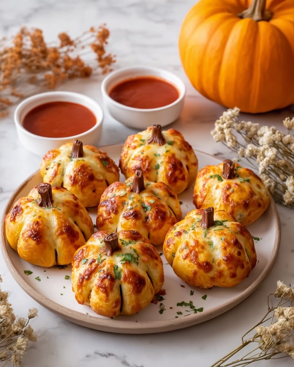 A white round plate holds six small round pumpkin-shaped breads, each with a golden brown crust featuring melted cheese strips arranged in sections to mimic pumpkin ridges, and a small brown stem placed on top to complete the pumpkin look. The breads have a slightly browned, bubbly texture with parsley flakes scattered over them. Behind the breads on the plate is a white bowl filled with red dipping sauce, and there is another identical bowl of sauce slightly blurred behind it. The plate sits on a beige cloth with dry yellow flowers and green leaves to one side, and a large bright orange pumpkin is visible in the background against a white marbled surface. photo taken with an iphone --ar 4:5 --v 7