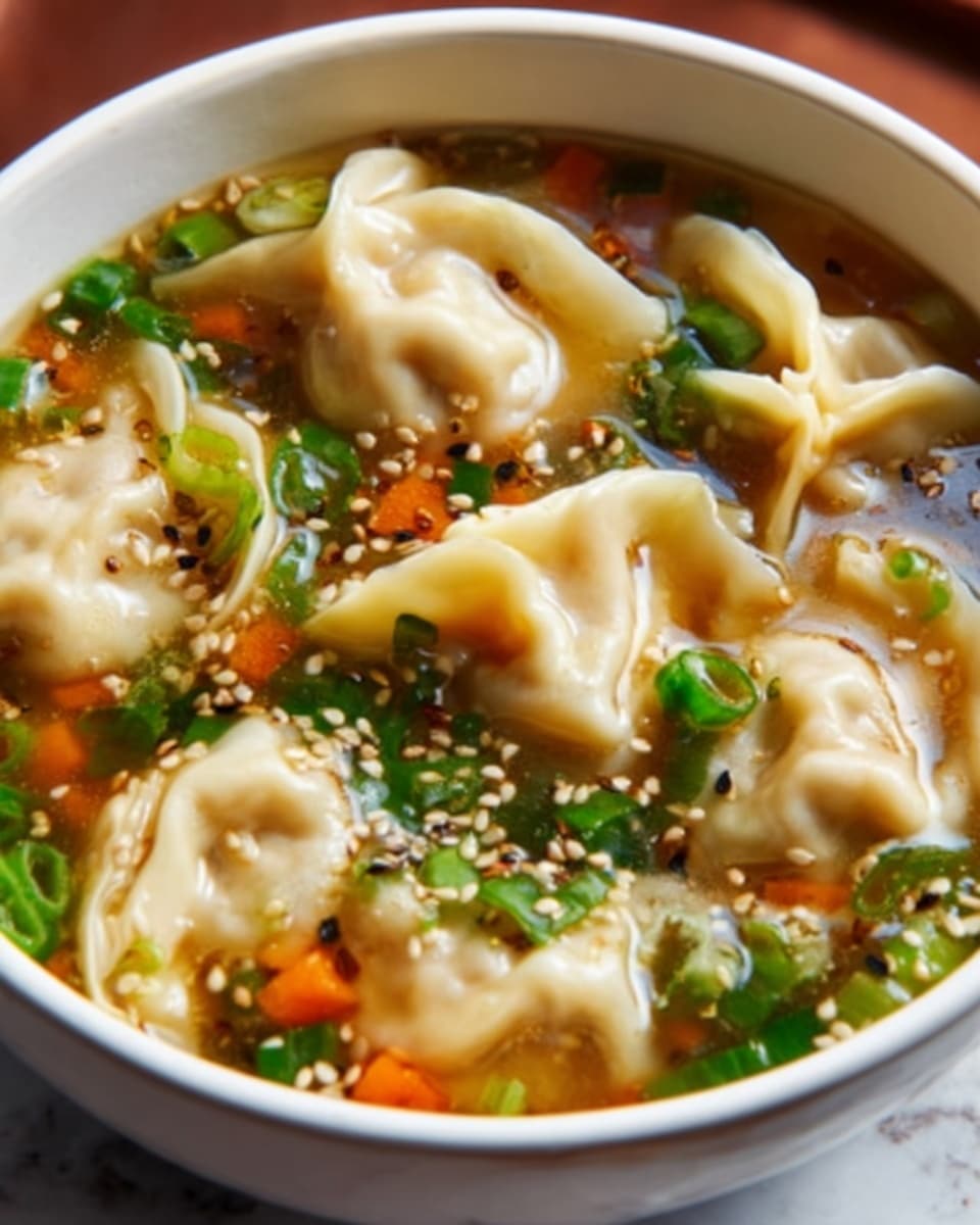The image shows a white bowl filled with clear broth and several dumplings floating in it. The dumplings are light beige with soft, folded edges and look tender. The broth has small pieces of bright orange carrots, green onions, and sesame seeds scattered on top, adding color and texture. The bowl sits on a white marbled surface, and the warm soup looks inviting and fresh. The photo taken with an iphone --ar 4:5 --v 7