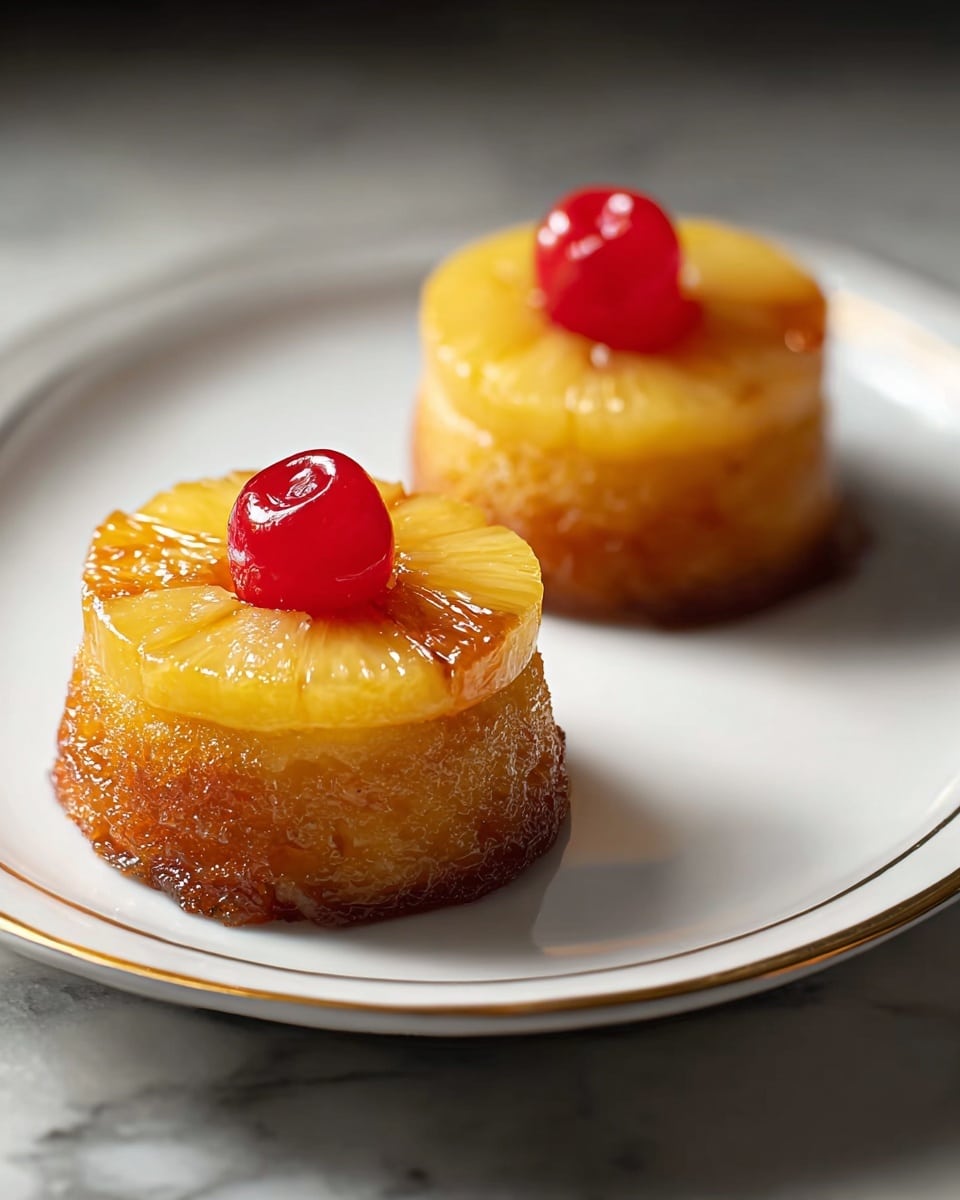 The image shows four small round upside-down cakes on a white plate placed on a white marbled surface. Each cake has three visible layers: a light brown crumbly base, a thick golden yellow pineapple slice in the middle, and a shiny, smooth layer of caramelized glaze on top. Each cake is crowned with a bright red glazed cherry sitting right in the center of the pineapple slice. The cakes look moist and glossy, with soft textures and a warm golden color. Photo taken with an iphone --ar 4:5 --v 7