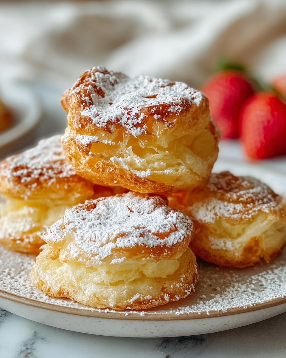 The image shows five golden-brown puffed pastries stacked slightly on top of each other on a white plate with a subtle textured rim. Each pastry has multiple airy layers with a light, flaky texture and is dusted generously with white powdered sugar. The pastries are unevenly puffed, with some edges crispier and browned more than others, creating a warm contrast between the golden crust and pale interior layers. The plate sits on a white marbled surface, with soft-focus red strawberries and a blurred white cloth in the background. The lighting highlights the texture and puffiness of the pastries, making them look fresh and inviting. Photo taken with an iphone --ar 4:5 --v 7