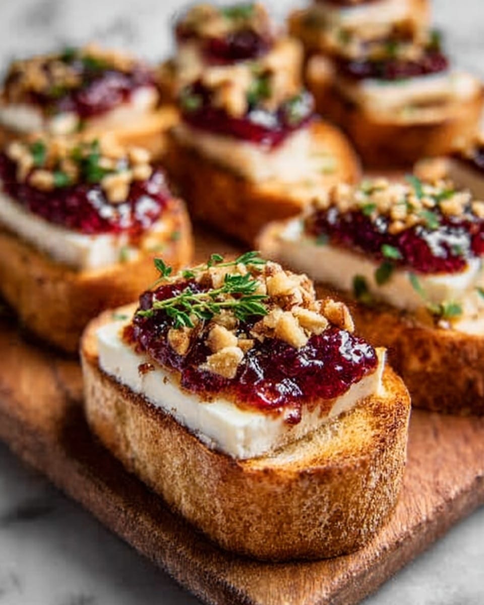 The image shows several small open sandwiches on a white marbled surface, each consisting of a single thick slice of toasted bread with a golden brown crust. Each sandwich has one layer of white cheese on top, slightly creamy and smooth in texture. On top of the cheese, there is a layer of shiny red berry jam, spread thickly. The sandwiches are garnished with small green herb leaves and sprinkled with crushed nuts, adding a crunchy texture. The sandwiches are arranged closely together on a wooden board. Photo taken with an iphone --ar 4:5 --v 7