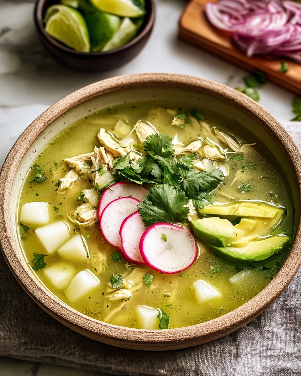 A ceramic bowl filled with green broth soup that has a smooth texture and pieces of shredded light yellow chicken scattered inside. There are small white potato cubes on one side and bright green slices of avocado on the other. Thin slices of pink and white radish float on top near the center, along with a small bunch of fresh dark green cilantro leaves. In the background on the white marbled surface, there is a small dark bowl with lime wedges and a wooden board with slices of red onion. The bowl is placed on a light gray cloth. Photo taken with an iphone --ar 4:5 --v 7