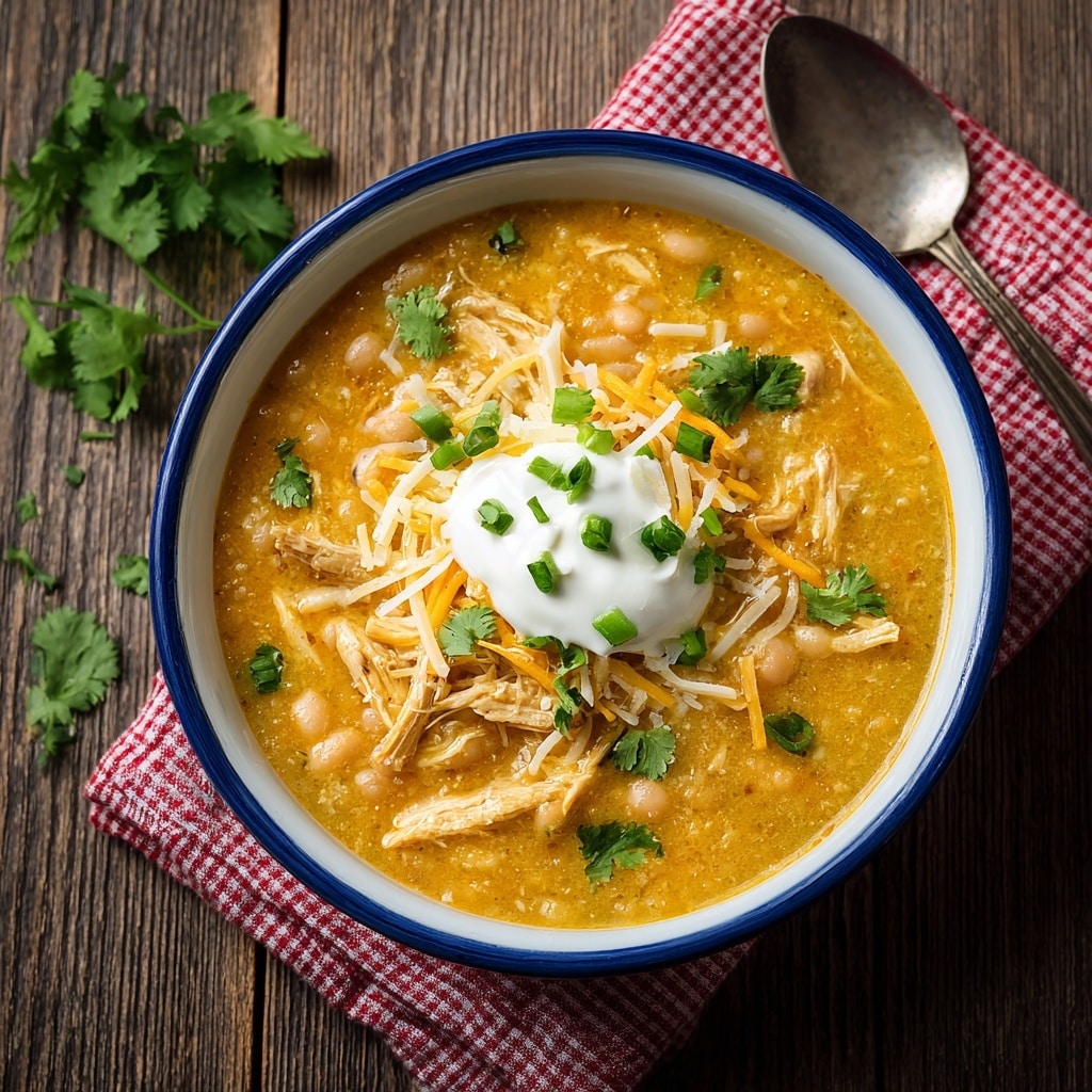 A close-up view of a bowl filled with creamy soup that has a light brown base and visible pieces of shredded chicken, white beans, and small green herb leaves scattered throughout. The soup has a slightly thick texture with chunks of tomato adding spots of red. On top, there is a dollop of white sour cream garnished with thin yellow cheese strips and small green onion slices. The bowl is white with blue speckled patterns around the rim, sitting on a white marbled textured surface. photo taken with an iphone --ar 4:5 --v 7