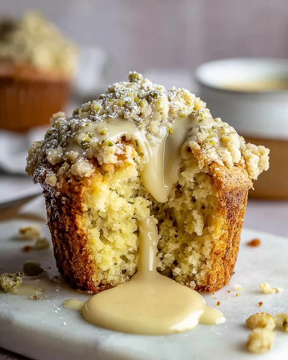 A close-up of a single round slice of cake placed on a white plate with a slightly speckled texture. The cake has two main layers: the bottom layer is a thick, light yellow, crumbly sponge; above it is a creamy white icing layer that drips down the side. The top is covered with a mixture of small greenish clusters that look crunchy and are dusted lightly with powdered sugar. A silver fork rests on the plate next to the cake slice, and the background shows a white marbled surface with a white cup blurred out behind it. photo taken with an iphone --ar 4:5 --v 7