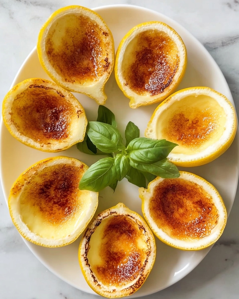 Six small lemon-shaped shells filled with a smooth, creamy dessert that has a caramelized, golden-brown, slightly cracked top layer are arranged in a circle on a white round plate. In the center of the plate, there are three fresh green basil leaves adding a pop of color. The lemon shells have a bright yellow rind with a white inner lining, contrasting with the rich caramel color on top of each dessert. The setup is on a white marbled surface. photo taken with an iphone --ar 4:5 --v 7