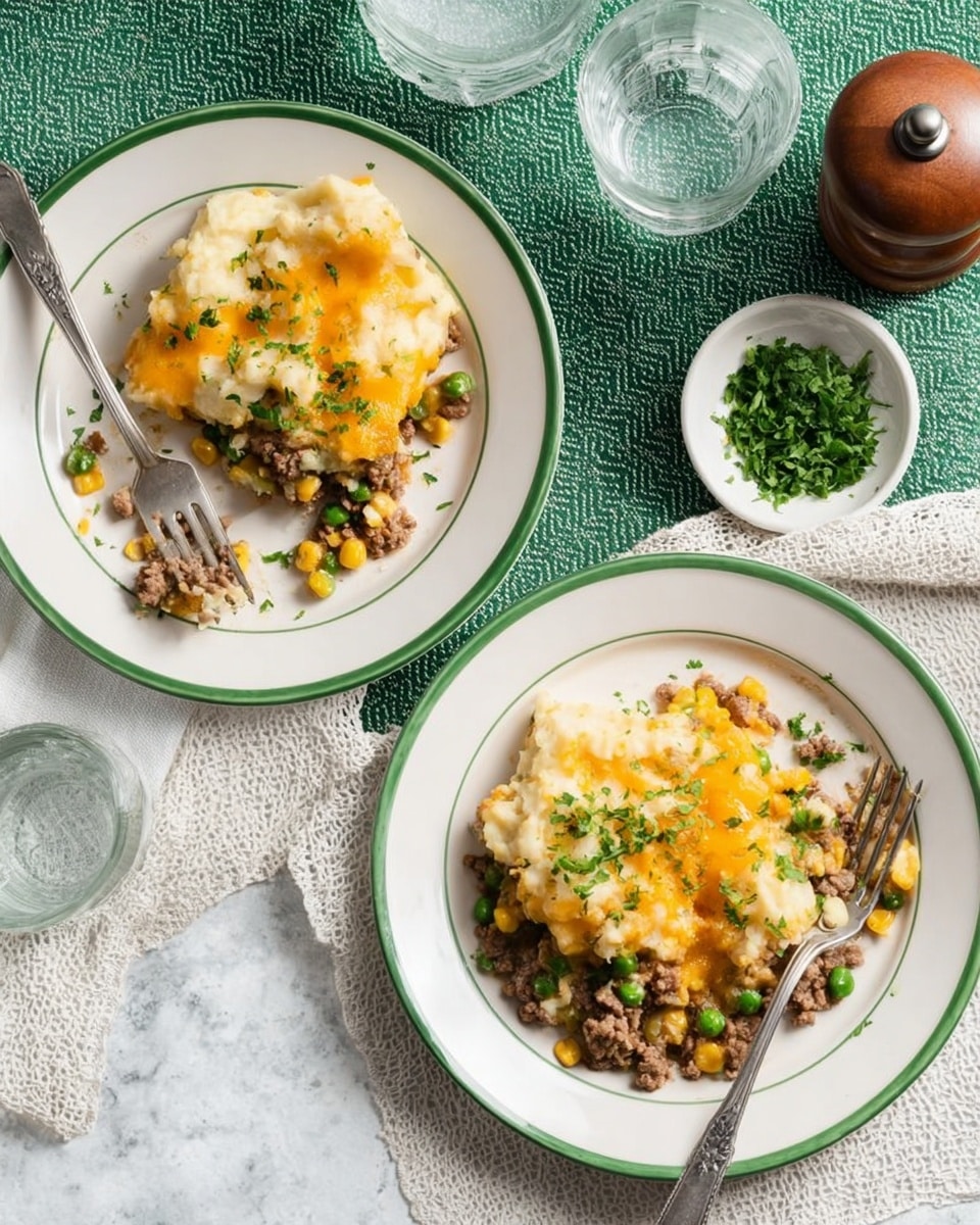 The image shows a cast iron skillet filled with layered shepherd's pie. The bottom layer consists of cooked ground beef mixed with peas and corn in shades of brown, green, and yellow. On top of this is a smooth, fluffy white mashed potato layer, generously covered with melted bright orange shredded cheese. Small bits of green herbs are sprinkled on the cheese, adding a fresh touch. A wooden spoon rests inside the skillet, scooping out a portion, revealing the layers clearly. The skillet is placed on a wooden board over a white marbled surface, with a green-and-white cloth and a small white bowl of chopped herbs nearby. Photo taken with an iphone --ar 4:5 --v 7