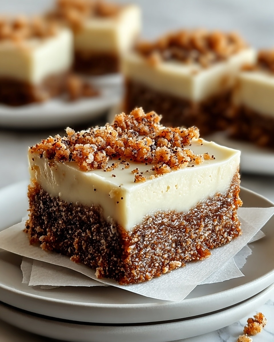 The image shows a close-up of a two-layer square dessert piece on a white plate with parchment paper underneath. The bottom layer is a moist, dense, dark brown cake with a crumbly texture. The top layer is thick and creamy, off-white in color, looking smooth with a few soft waves on the surface. Small crumbs of the brown cake are sprinkled on top of the creamy layer, adding a crunchy texture. In the background, more pieces of the same dessert are slightly out of focus, all sitting on the white marbled surface. photo taken with an iphone --ar 4:5 --v 7