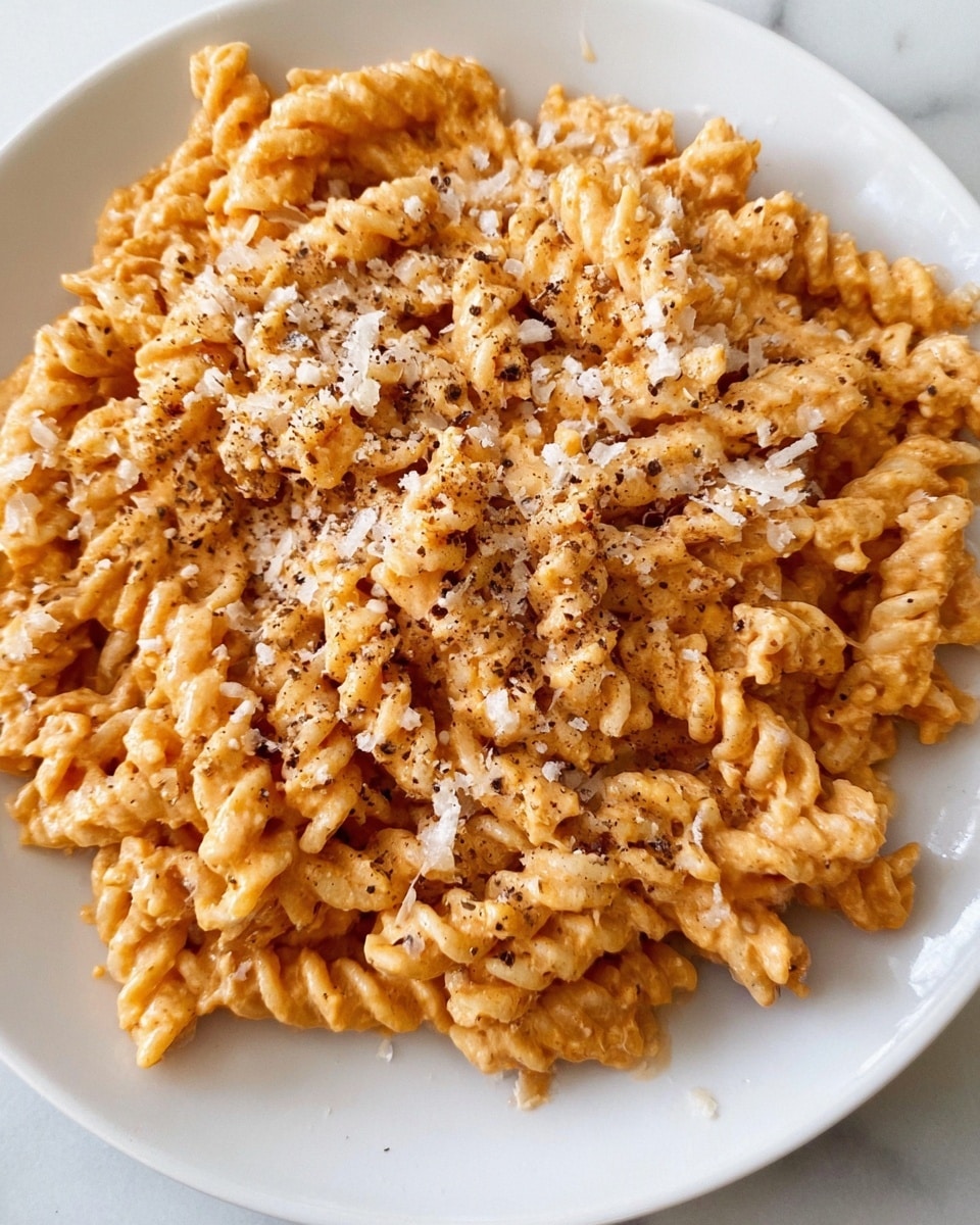 A close-up view of a white plate filled with rotini pasta coated in a creamy orange sauce. The twisty pasta spirals are covered evenly with the smooth sauce, and the top is sprinkled with a layer of finely grated white cheese. Small dots of black pepper are scattered over the cheese and sauce, adding texture and contrast. The plate rests on a white marbled surface. photo taken with an iphone --ar 4:5 --v 7