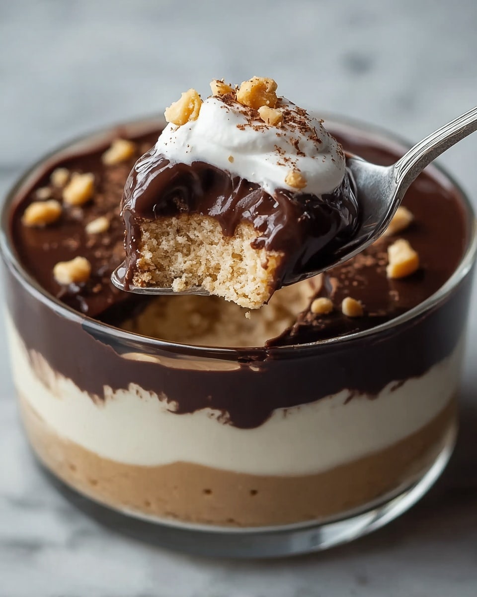 The dessert is in a clear glass bowl, showing four distinct layers. The bottom layer is light beige and crumbly, followed by a thick pale cream layer with a smooth texture. Above this is a thin light brown layer, and on top is a shiny, dark chocolate layer spreading slightly over the edges. A silver spoon holds a perfect bite of dessert showing the bottom crumbly layer covered with glossy dark chocolate, topped with a dollop of white whipped cream and small golden nut pieces, with some cocoa powder sprinkled on top. The image background is a white marbled texture. photo taken with an iphone --ar 4:5 --v 7