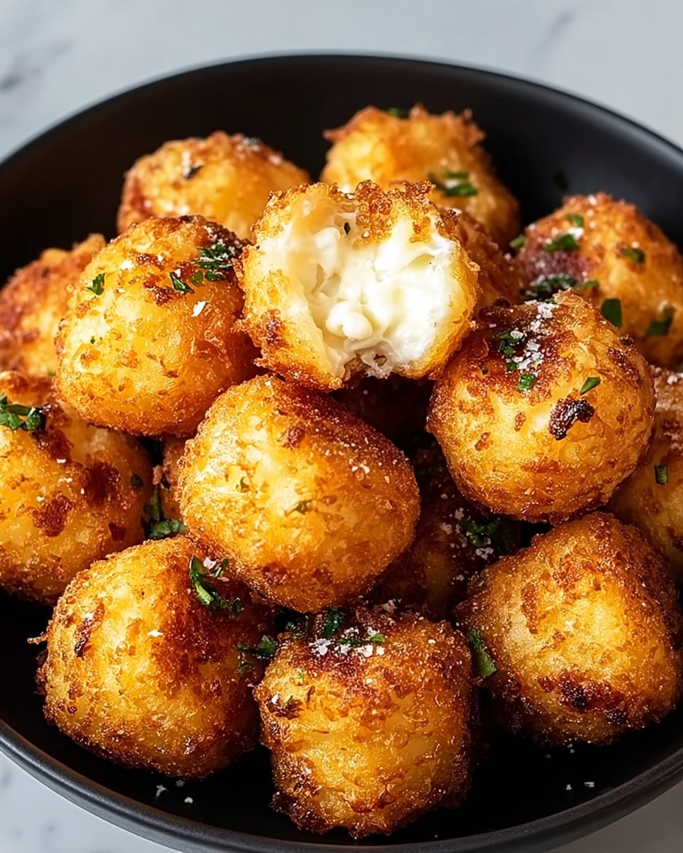 A black bowl filled with about sixteen round, golden-brown fried cheese balls with a crispy outer layer. Two of the balls are split open, showing a white, creamy cheese inside with a slightly crumbly texture. Small green herbs are sprinkled lightly over the cheese balls and on the white marbled surface around the bowl. The surface looks clean and bright, creating a fresh and appetizing scene. photo taken with an iphone --ar 4:5 --v 7
